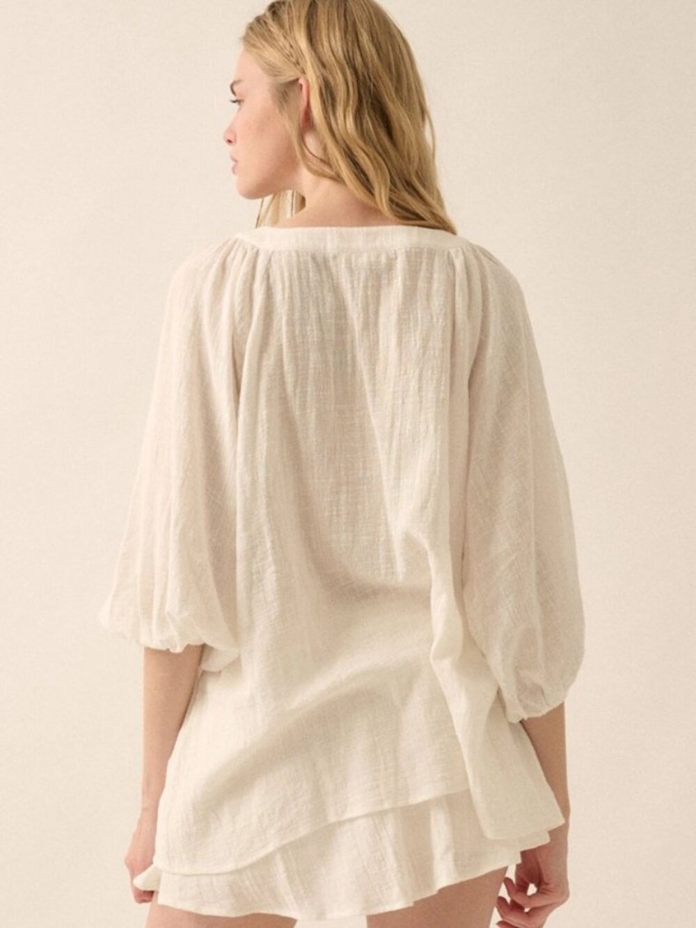 Textured Button-Front Three Quarter-Sleeve Top - Picture 3 of 3